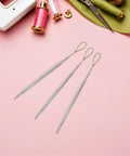 5 Piece Metal Drawstring Threader Kit For Hoodies And Garments Portable Elastic Cord Insertion Tool With Easy Threading Handy Threader For Shoelaces Ribbons Bags And Garment Casings Home Sewing Use, 3 metal threaders on pink background