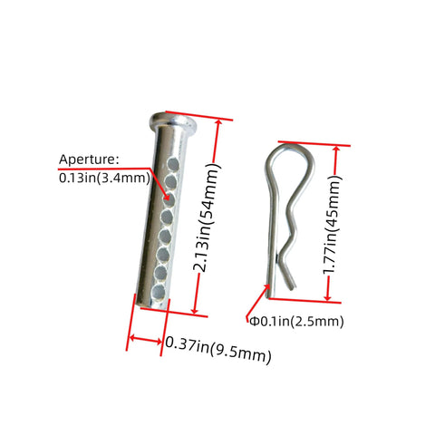 Image of Beefy Adjustable Porous Clevis Pin Kit With Spring Steel 8 Hole Pin And R Clip For Farm And Automotive Fasteners Three Eighth Inch Diameter Four Pieces Galvanized showing pin with measurements.