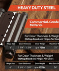 Heavy Duty 6 Inch Double Action Swinging Door Hinges For Saloon And Cafe Bar Doorways Commercial Grade With Adjustable Tension For High Traffic Use Gloss Black Finish 1 Unit displayed on a wooden door showing size and weight capacity information.