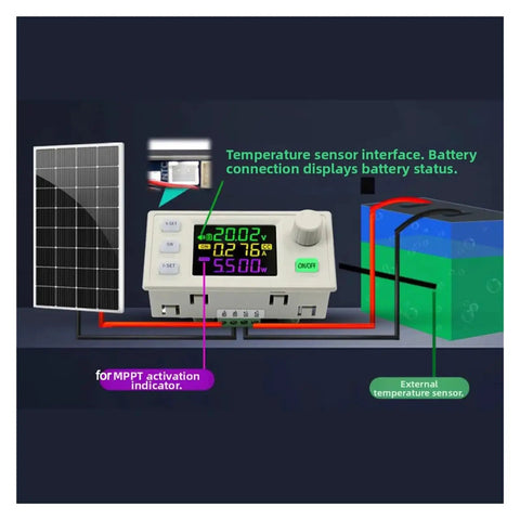 CNC DC Step Up Step Down Converter power supply with color screen shows voltage and current for solar charging.