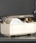 Sleek White Plate Drying Rack And Smart Kitchen Organizer Built With Hella Sturdy Pp Pet Material Offering Massive Counter Storage That Acts As A True Lifestyle Game Changer with plates and utensils.