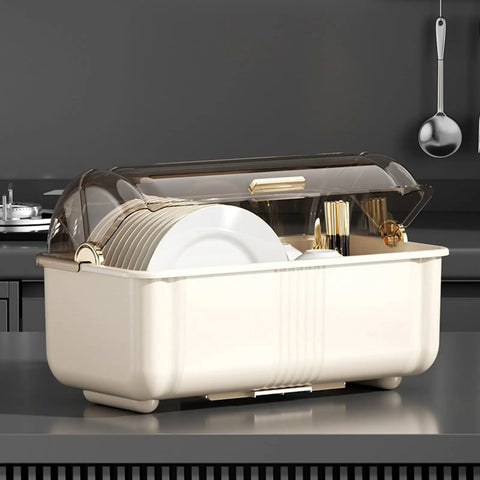 Sleek White Plate Drying Rack And Smart Kitchen Organizer Built With Hella Sturdy Pp Pet Material Offering Massive Counter Storage That Acts As A True Lifestyle Game Changer with plates and utensils.