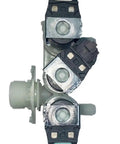 Top view of Water Inlet Valve For Washing Machine One Inlet Three Outlet 120V Replacement Part with quick connect fittings.