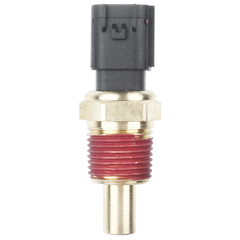 Engine coolant temperature sensor (front view) with black plastic connector, brass threaded body with red sealant and metal probe