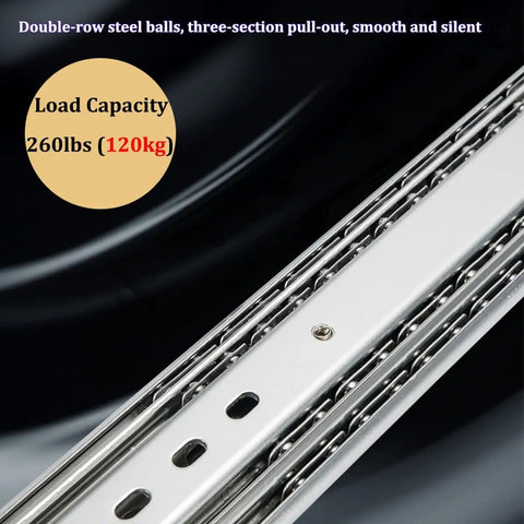 Close-up of Beefy Heavy Duty Locking Drawer Slides, Full Extension Ball Bearing, Side Mount Industrial Rail, 260 Lb Capacity