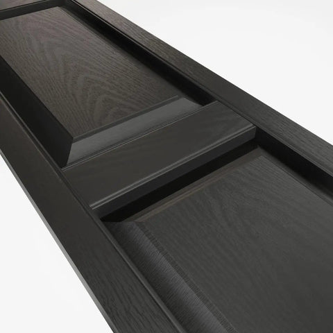 Close-up of Two Equal Panel Vinyl Shutters 12 Inch Wide By 31 Inch High Black With Raised Panel Design Includes Shutter Loks And Screws