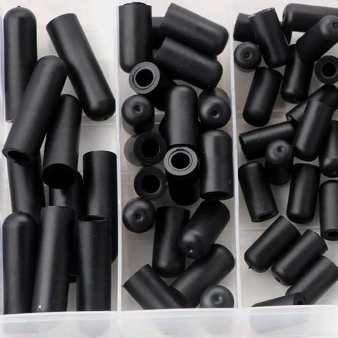 80 Piece Rubber Vacuum Line Cap Assortment Kit For Carburetor And Engine Manifolds With 6 Sizes Including 5/32 Inch To 3/8 Inch Great For Tight Seals And Fast Auto Repairs Under the Hood, black rubber caps in organizer