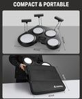 Beat Go Portable Electronic Drum Set With Training Lessons For Beginners shown with dimensions and carrying bag