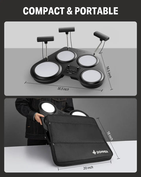 Beat Go Portable Electronic Drum Set With Training Lessons For Beginners shown with dimensions and carrying bag