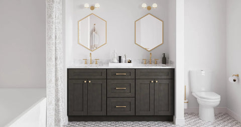 Modern bathroom with dual sinks, dark cabinetry, hexagonal mirrors, and Sedona Bar Pull Satin Nickel 96 Mm Center To Center Four And Three Quarters Inch Length With Durable Satin Nickel Finish And Smooth Bar Design Ideal For Kitchen Cabinets Bathrooms Closets And Furniture.
