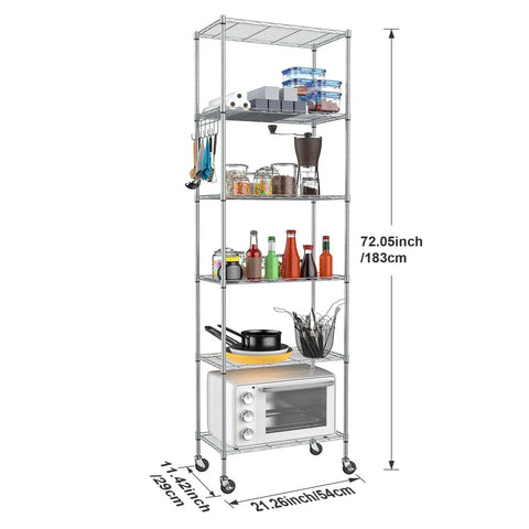 6 Tier Wire Shelving Unit With Caster Wheels And Stainless Side Hooks Adjustable Free Standing Storage Rack, kitchen use