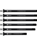 Six sizes of 12mm through axle for bike forks and rear shocks in CNC machined aluminum, labeled by length from 122mm to 192mm.