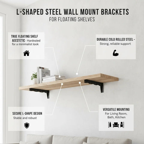 Hidden L Shaped Steel Floating Shelf Bracket in black supporting a wooden shelf with books and decor items in a living room.