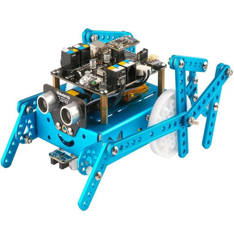 Totally Six Legged Robot Add On Pack For mBot, blue aluminum STEM kit with mBot in beetle shape