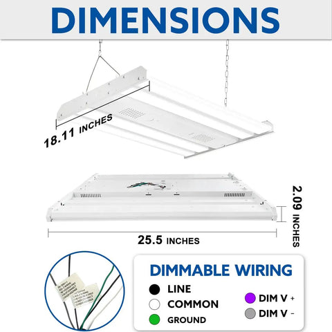 Dimensions of Linear LED High Bay Light Beast Bright 40635LM 2Ft 301W showing top and side view with dimmable wiring details.