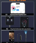 Usage steps for Endoscope Cam With Light 1920P Borescope Eight LED Lights 33 Ft Semi-Rigid Snake Inspection Camera on iOS.