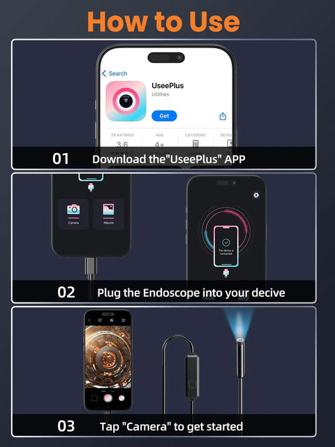Usage steps for Endoscope Cam With Light 1920P Borescope Eight LED Lights 33 Ft Semi-Rigid Snake Inspection Camera on iOS.