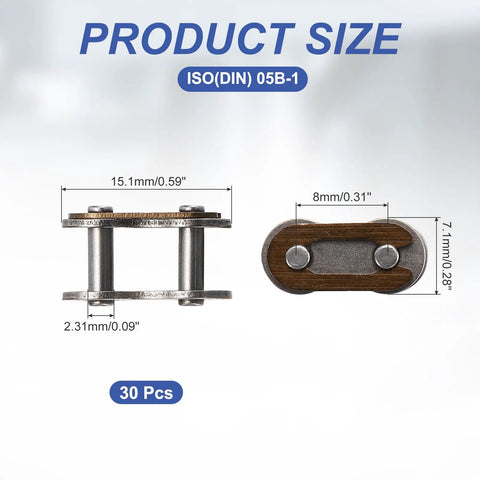 Top Grade 30Pcs ISO Din 05B-1 Roller Chain Connecting Links With 8 Mm Pitch showing dimensions and design, 15.1mm long and 8mm pitch.