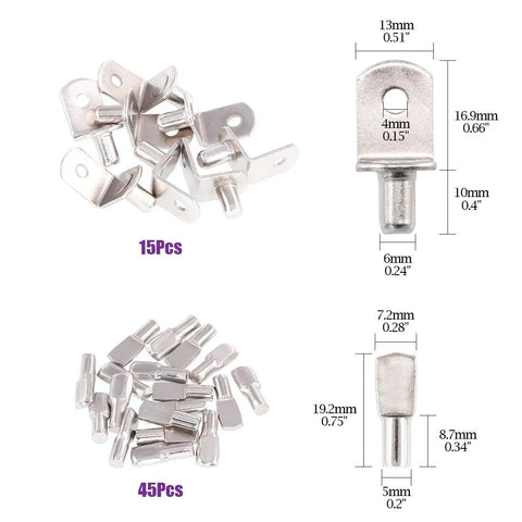 120 Piece Nickel Plated Shelf Pins Kit With Four Styles For Five Millimeter And Six Millimeter Shelf Holes Fits Cabinets And Entertainment Centers Built To Last Durable Cabinet Hardware For Solid DIY Ready Shelf Support, showing detailed sizes of bracket and spool pins