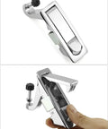 Eight Pack Zinc Alloy Compression Latch Locks Featuring Slick Trigger Action And Flush Silver Finish, showing side view and hand operation.
