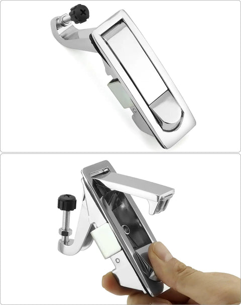 Eight Pack Zinc Alloy Compression Latch Locks Featuring Slick Trigger Action And Flush Silver Finish, showing side view and hand operation.