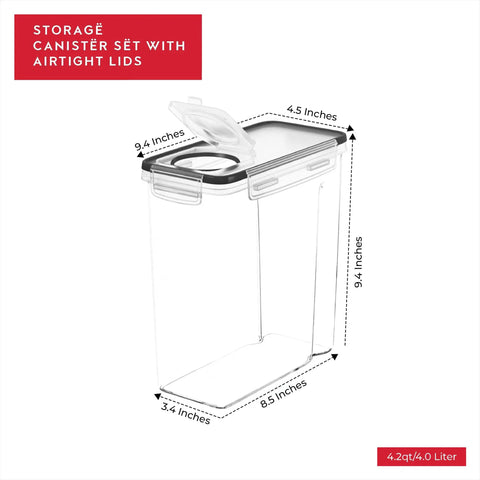 Set Of 4 Airtight Cereal Storage Canisters 4L Each With Lids, BPA Free Food Storage Jars For Pantry Organization, empty jar dimensions