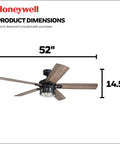 Product dimensions of Bonterra 52 Inch Ceiling Fan With LED Light And Remote, 5 blades, matte black fan for big rooms.