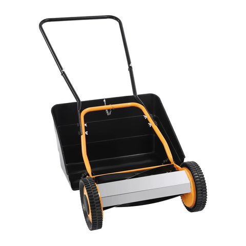 14 Inch Manual Push Reel Lawn Mower With Collection Bag And Sweeper For Easy Yard Work No Fuss 4 Sharp 5 Edged Blades For Lawns Gardens Yards Parks Golf Courses Sidewalks Driveways, front view