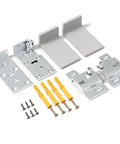Beefy Heavy Duty L Bracket Carrier Plate with screws and anchors for wall cabinets, shown in silver and yellow, durable hardware set