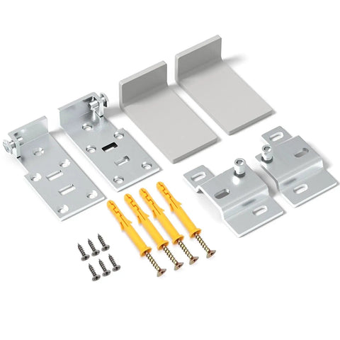 Beefy Heavy Duty L Bracket Carrier Plate with screws and anchors for wall cabinets, shown in silver and yellow, durable hardware set