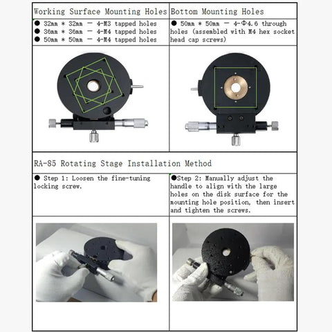 Linear Rotating Stage With Top Notch Precision Manual Adjustment And Micrometer Head For A Axis Rotation, mounting holes detail