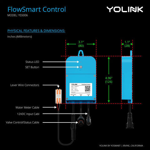 FlowSmart Controller YS5006 for One Inch Pulse Meter And Auto Shutoff Valve Kit dimension details