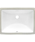 Top view of undermount white rectangular porcelain ceramic bathroom sink with overflow for small vanities 16 by 11.75 inch.