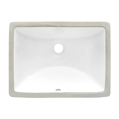 Top view of undermount white rectangular porcelain ceramic bathroom sink with overflow for small vanities 16 by 11.75 inch.