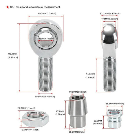 Four Piece Chromoly Rod End Kit Engineered For Hella Smooth Linkage Systems With Rock Solid Angular Movement dimensions and details.
