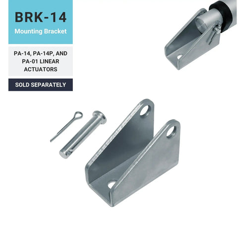 BRK-14 mounting bracket for PA-14, PA-14P, and PA-01 linear actuators, shown with pin and cotter pin, sold separately.