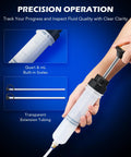Orion Motor Tech 200 mL manual fluid extractor syringe held in hand with transparent tubing and two extension tubes.