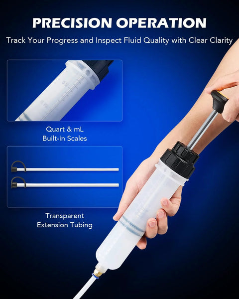 Orion Motor Tech 200 mL manual fluid extractor syringe held in hand with transparent tubing and two extension tubes.