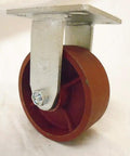 Tough As Nails Five Inch Ductile Steel Caster Set With Two Heavy Duty Swivel And Two Bulletproof Rigid Wheels Kingpinless Design Featuring Roller Bearings And Zerk Axles For Garage Cart Capacity Six Thousand Pounds - Close-up view of a heavy duty swivel caster with red wheel.