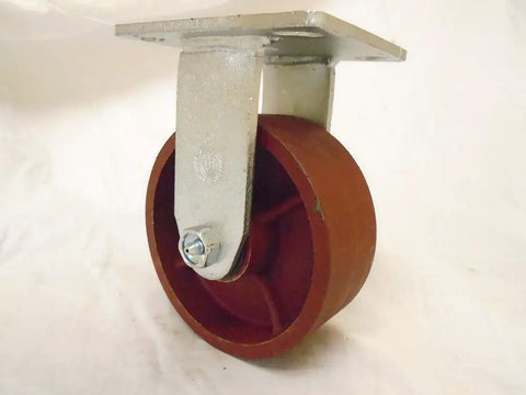 Tough As Nails Five Inch Ductile Steel Caster Set With Two Heavy Duty Swivel And Two Bulletproof Rigid Wheels Kingpinless Design Featuring Roller Bearings And Zerk Axles For Garage Cart Capacity Six Thousand Pounds - Close-up view of a heavy duty swivel caster with red wheel.