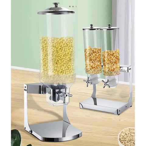 No Fuss Count Controlled Cereal Dispenser And Nut Storage Container Airtight Dry Food Jar With Smooth Twist Dial, large clear jars on a chrome base.