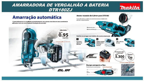 Makita 18 Volt Cordless Automatic Rebar Tying Tool With Makpac Case shown in use with reinforcement bars on a construction site.