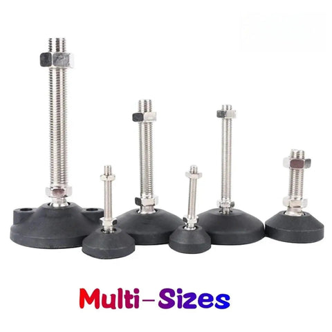 5 sizes of 12 Pack Thread Leveling Feet Kit with rubber bases and adjustable metal screws for stabilizing furniture.