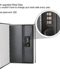 Hidden Book Safe With Combination Lock Small Black Metal Safe Box For Home Or Office Use Great For Stash Cash Jewelry Keys And Valuables, open view with combination dial detail