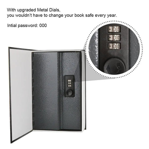 Hidden Book Safe With Combination Lock Small Black Metal Safe Box For Home Or Office Use Great For Stash Cash Jewelry Keys And Valuables, open view with combination dial detail