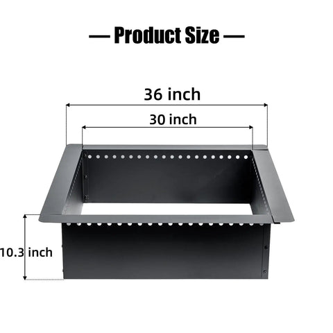Heavy Duty 36 Inch Square Fire Pit Ring For DIY Campfire Inserts with dimensions, rugged steel, high temp black finish.