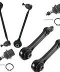 Top Shelf Front Lower Control Arms And Ball Joints Suspension Kit Six Piece Set for RWD Chrysler 300 Charger 2005 to 2010, black components.