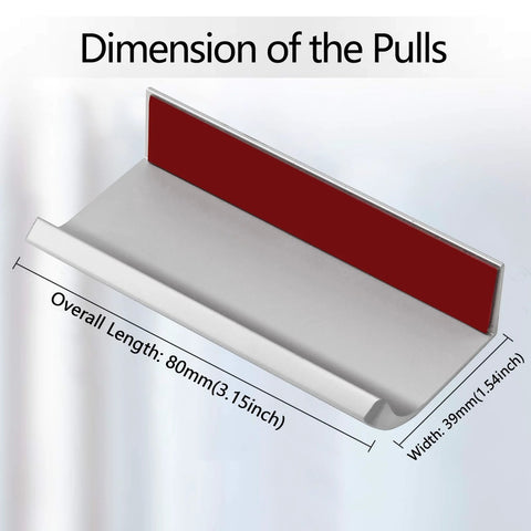 12 Pack Self Adhesive Drawer Pulls 3.15 Inch Silver Finger Edge Cabinet Handles No Drill Hidden Pulls with dimensions shown