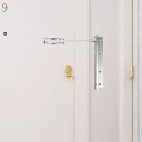 Automatic Stainless Steel Door Closer for Home and Office installed on white door in a hallway, showing durable silver finish.