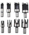 Badass 8 Piece Titanium Coated Wood Plug Cutter Drill Bit Set featuring various sizes and shapes for precise cutting.